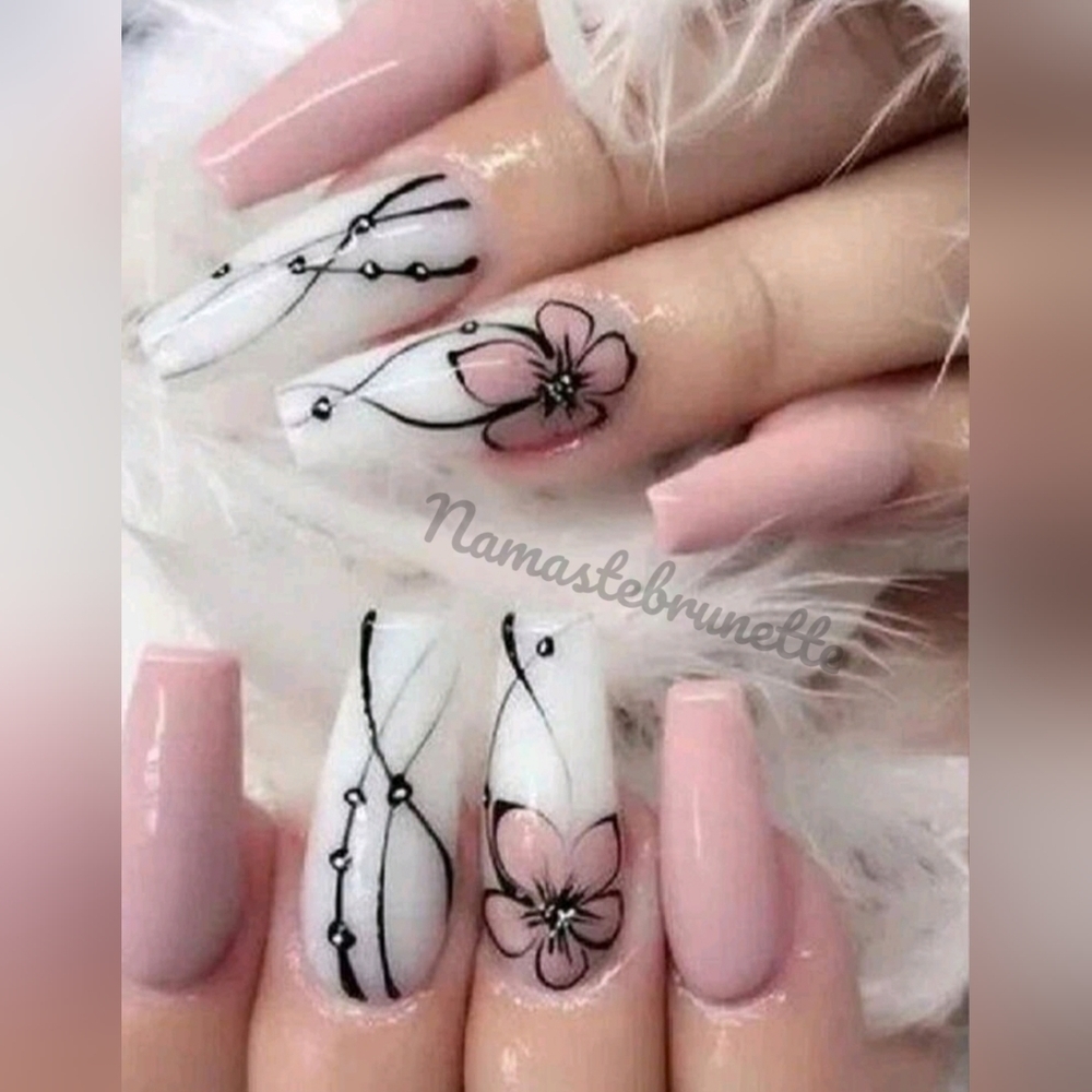 2/$16 Pink Floral Coffin Press On Nails